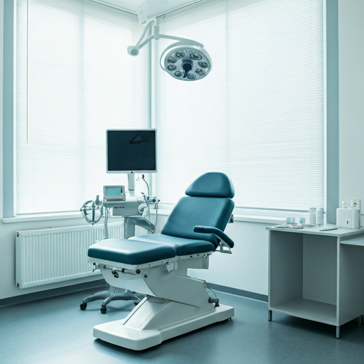 clean minimal doctor examination room with modern medical equipment and bright window light