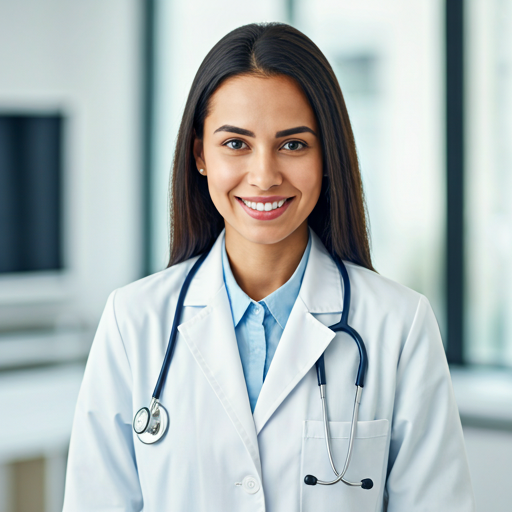 professional female doctor portrait smiling in bright medical office setting